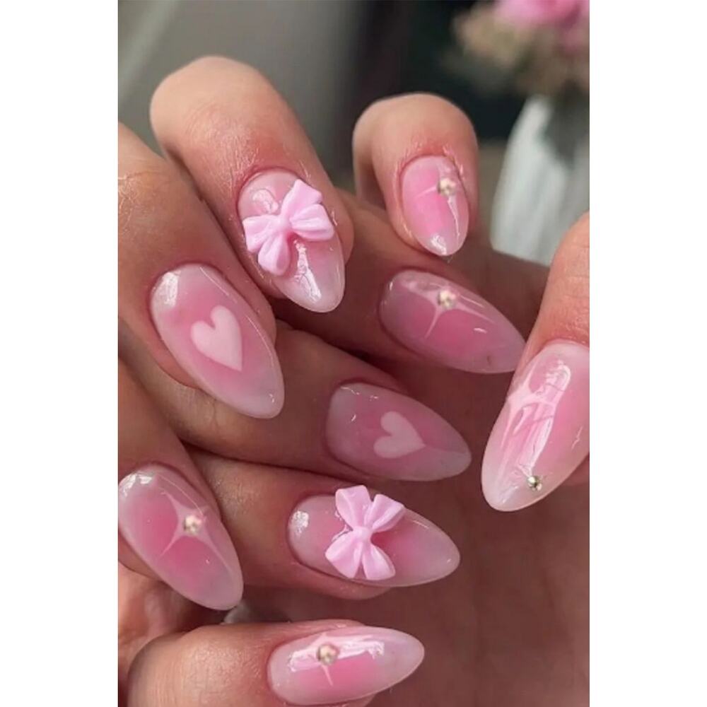 Pink Heart Print Bow Rhinestone Decor Almond Shape Glue On False Nails